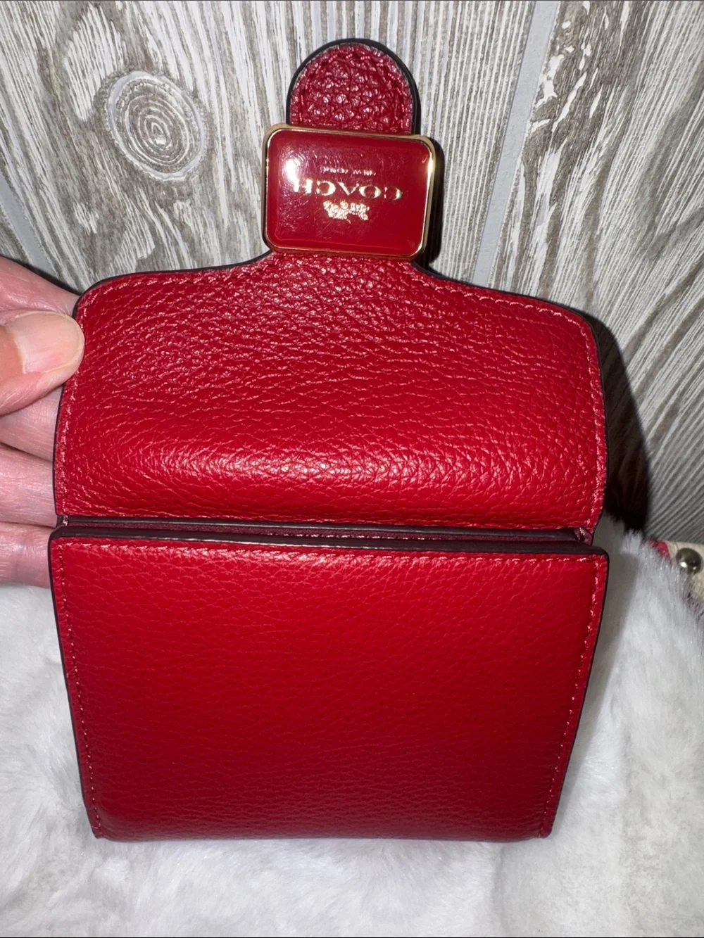 Coach Pepper Pebbled Leather Compact Wallet in Deep Red with Gold Hardware